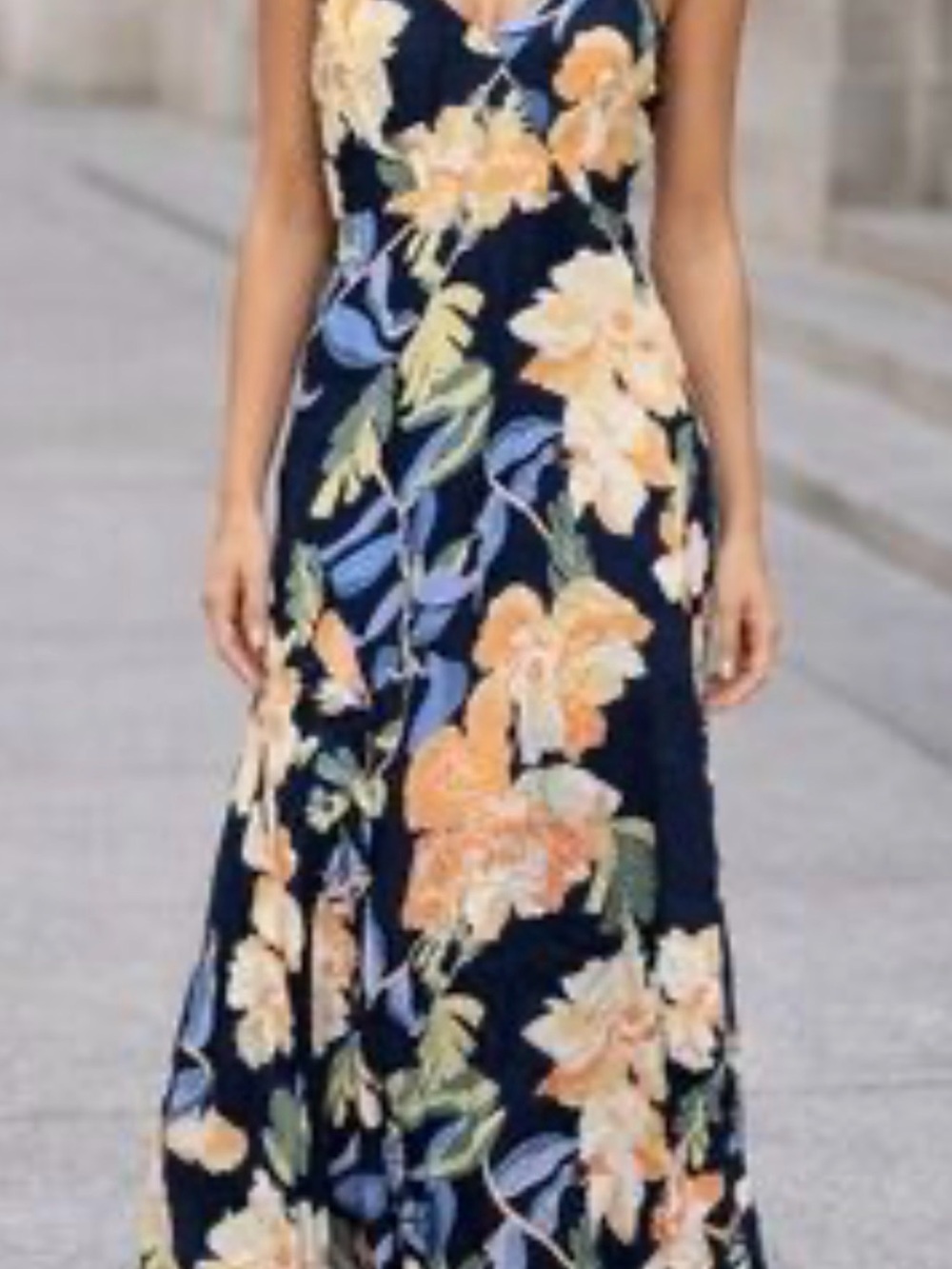 Olivia Grey Navy Floral Maxi Dress with Peach Blooms